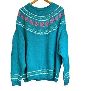 Handmade Knit Oversized Mock Neck Medium Weight Spring Sweater Floral Design